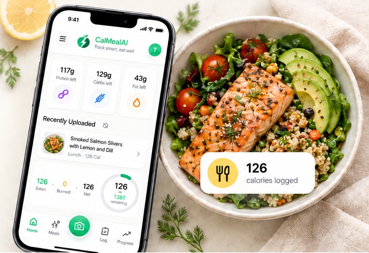 The CalMealAI app showing a logged salmon bowl with 126 calories